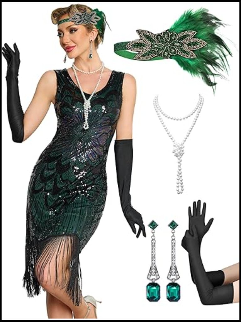 Vintage 1920s Sequin Fringe Flapper Dress With Headband Gloves Fans